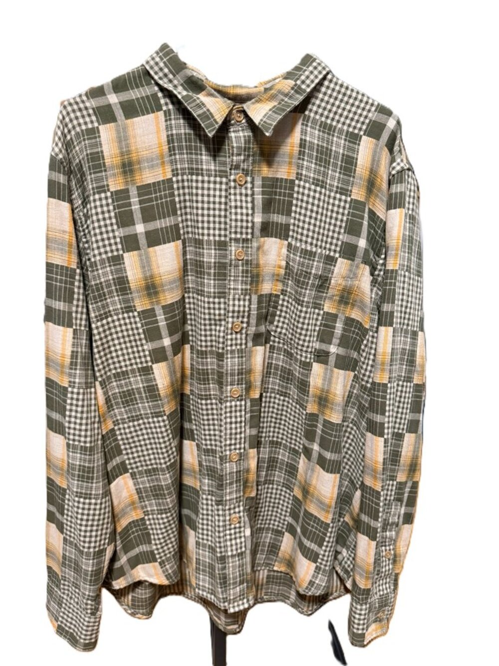 Lucky Brand Mens XXL Patchwork Plaid Shirt Green Yellow Tan Long Sleeve Button